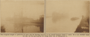 870956 Collage van 2 foto's betreffende de zware mist die hangt, vermoedelijk boven het Merwedekanaal te Utrecht.